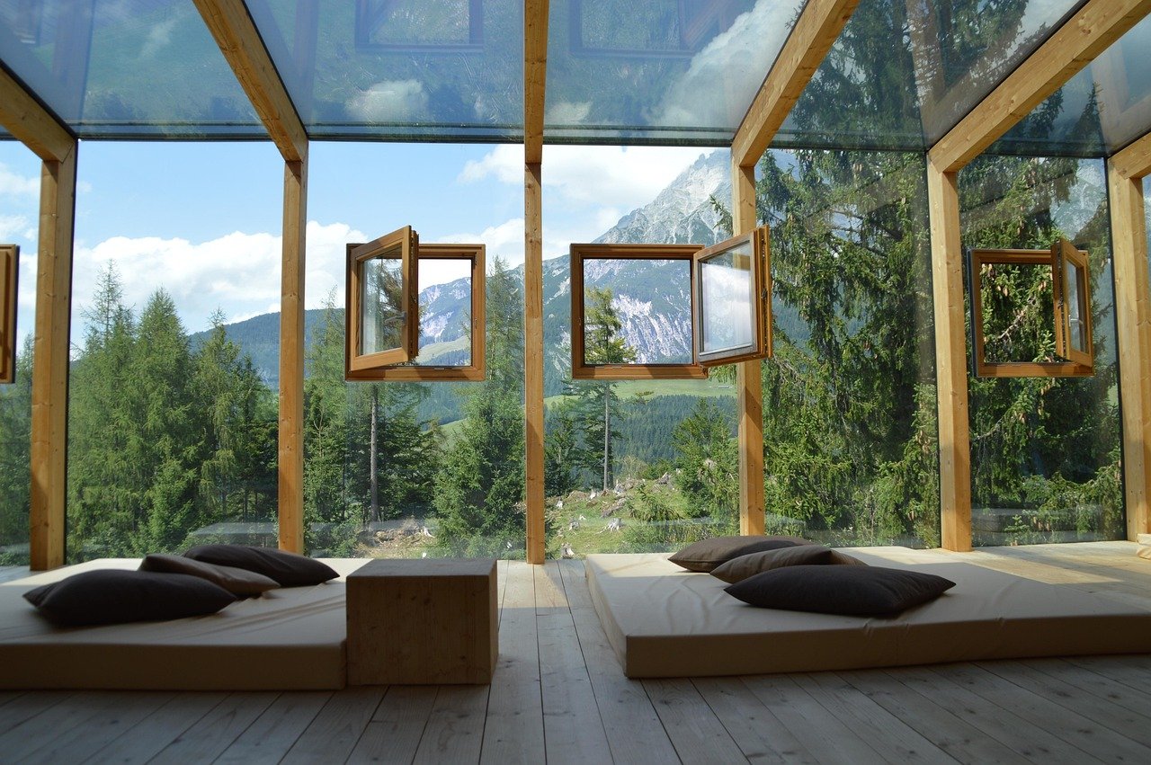 window, house, inside, wood, luxury, nature, architecture, glass, summer, room, good weather, hotel, modern, mountain hotel, hiking destination, modern art
